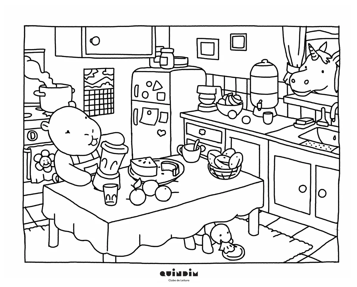 Prévia da folha para colorir: a Capivara Quindim preparando um lanche na cozinha